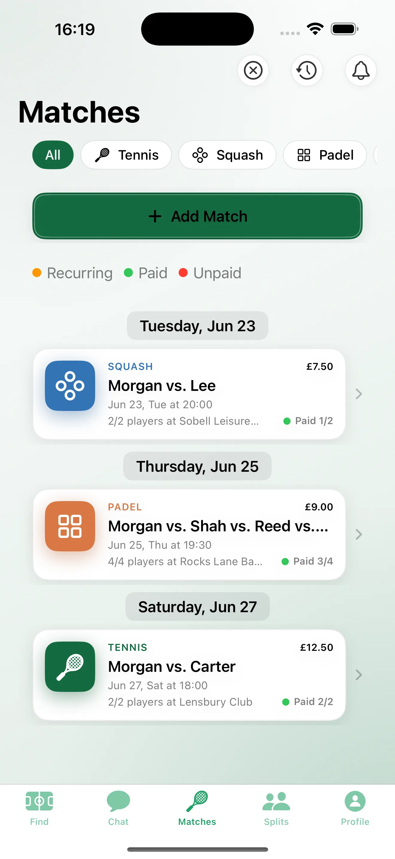 Sportsplit — the Matches screen